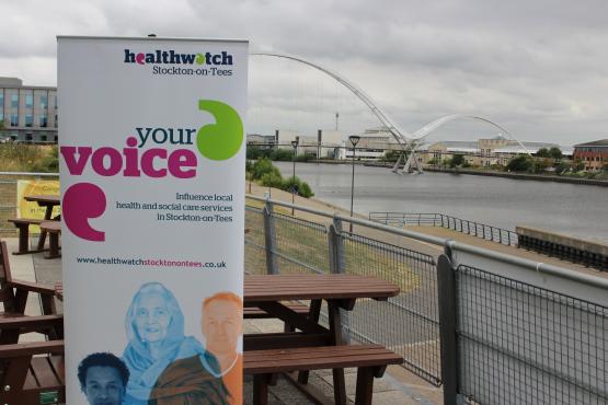 Image of Healthwatch Stockton banner at Millennium Bridge